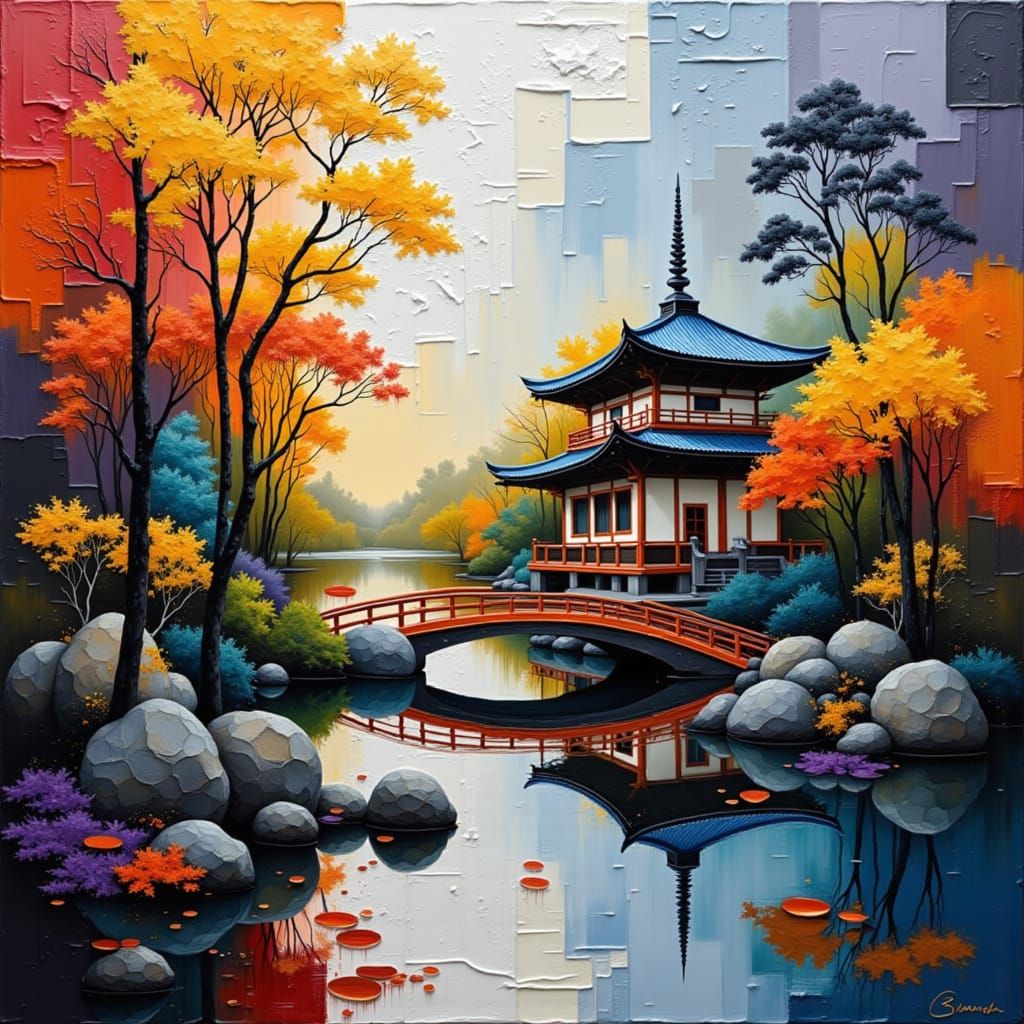 Abstract Japanese Gardens in Textured Oil Painting Style