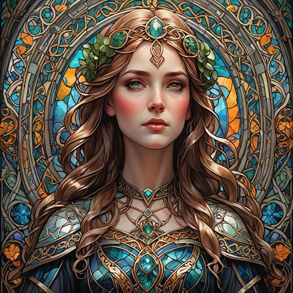 Stained Glass Celtic Woman in Art Nouveau Style