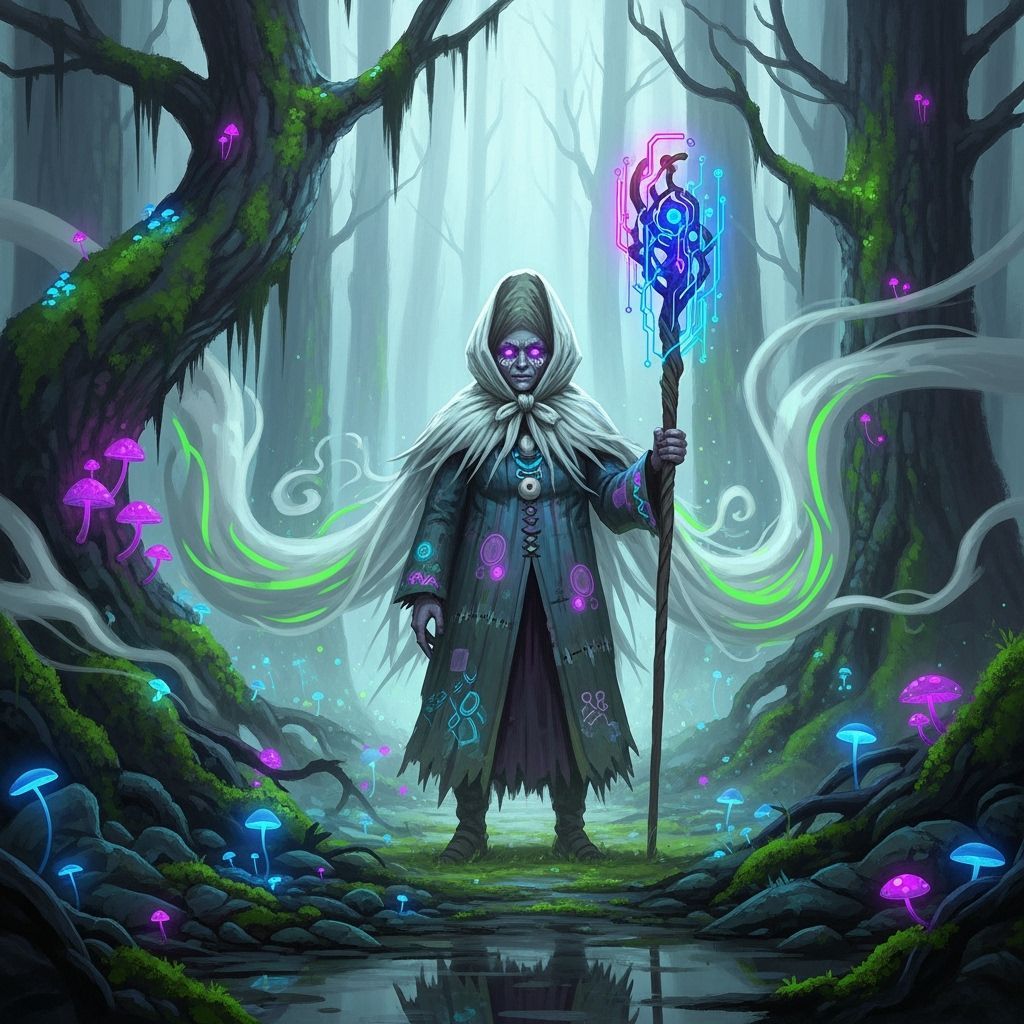 Baba Yaga in Vaporwave Cyberpunk Forest