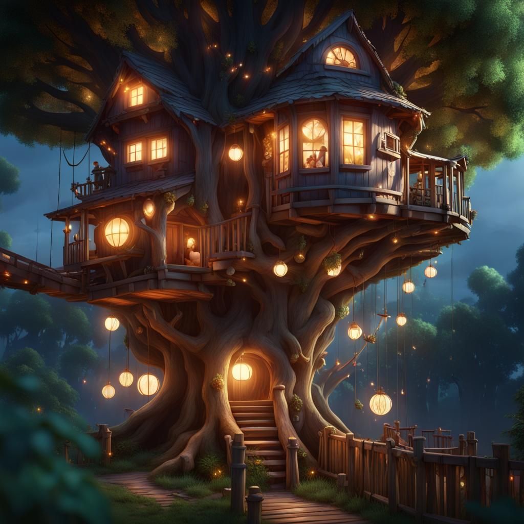 Enchanted Treehouse Home to Cats, Detailed Matte Painting