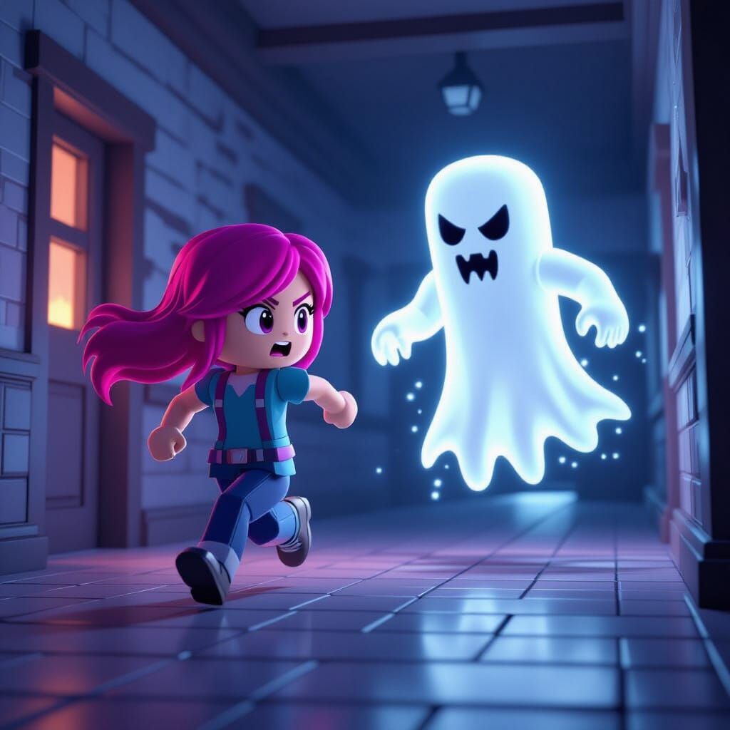 Roblox Girl Flees Ghost in Haunted Mansion Hallway
