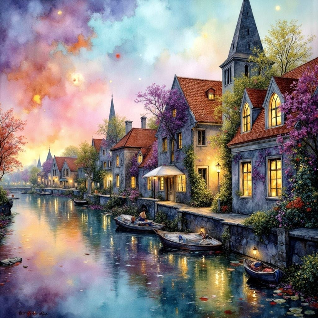 Dreamy Dutch Landscape in Watercolor Style