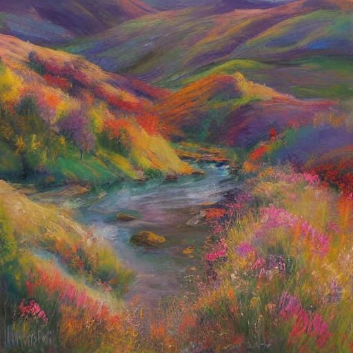 Mountains and River Landscape with Wildflowers