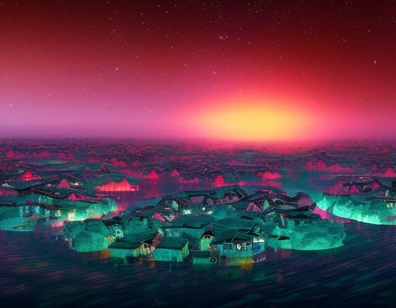Village Floating on Neptune in Astral Cosmic Style