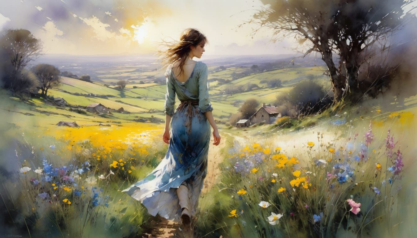 Ethereal Spring Countryside Scene in Watercolor Style