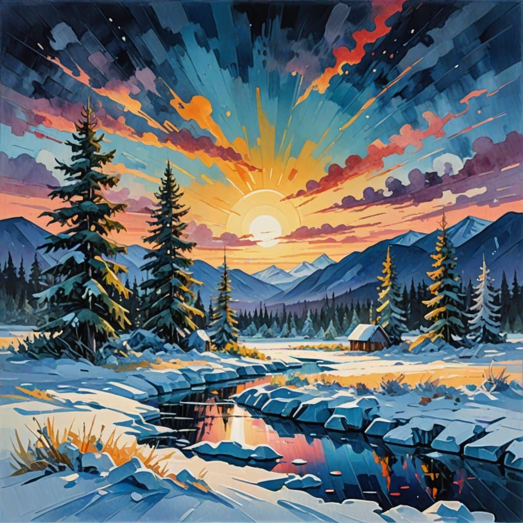 Gouache Impressionist Masterpiece: Icy Landscape Under Midni...