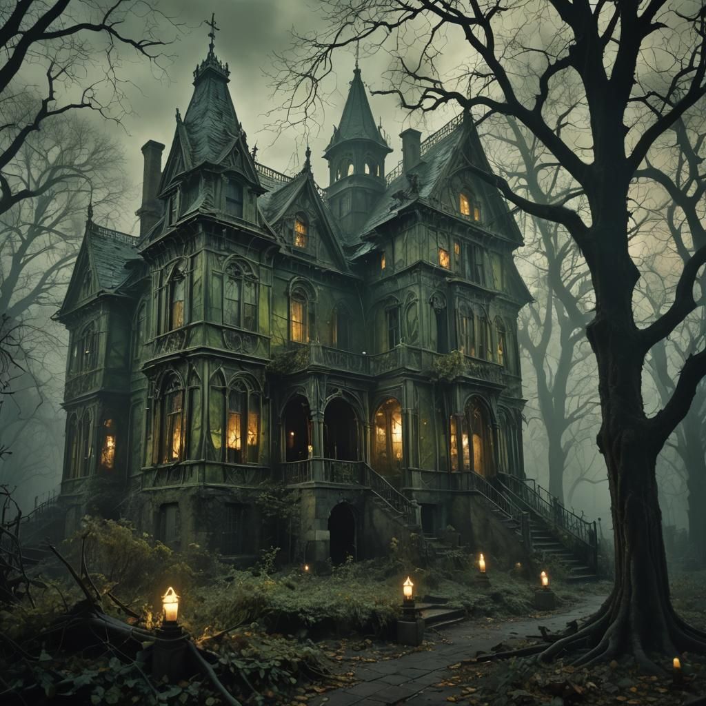 Ominous Haunted House with Apparitions in Dark Academic Styl...