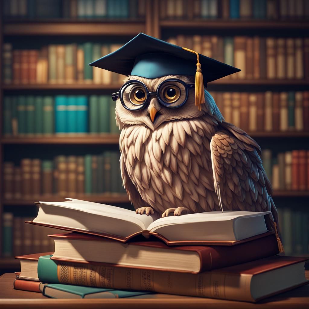 Wise Owl Professor in Library, Hyperrealistic Render
