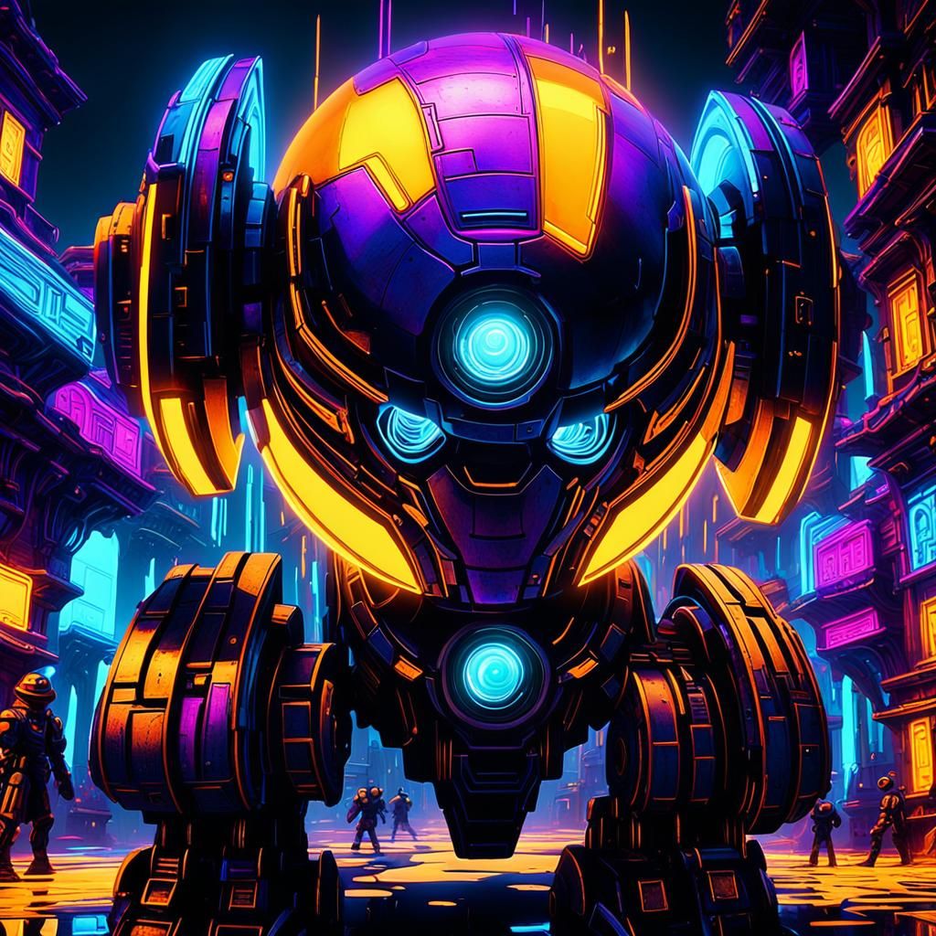 Robot with Glowing Bomb in Fantasy City