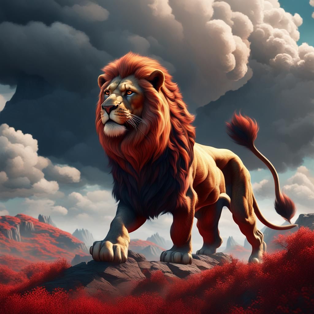 Crimson Lion Leaping Across Clouds: Fantasy Concept Art