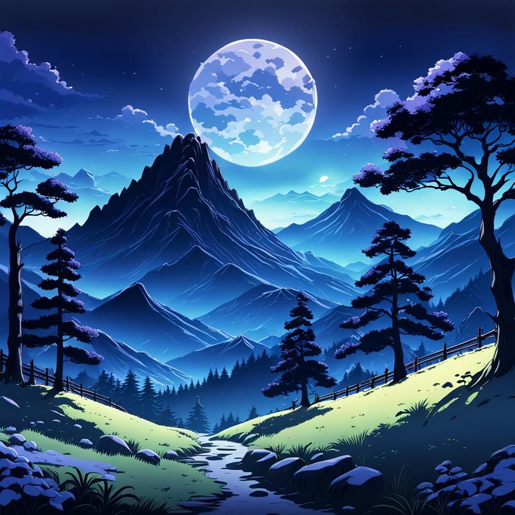 Anime Mountain Scene with Full Moon