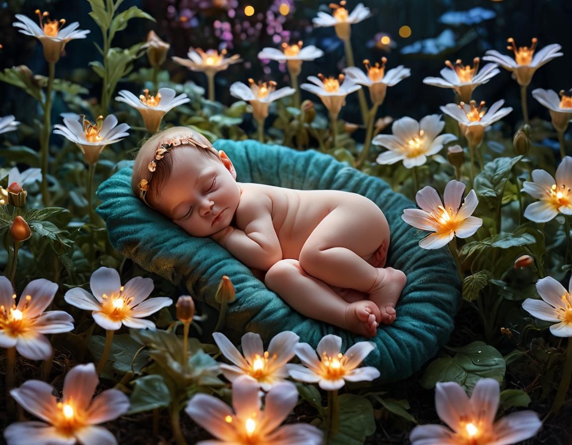 Sleeping Fairy Baby in Flower, Photorealistic Scene