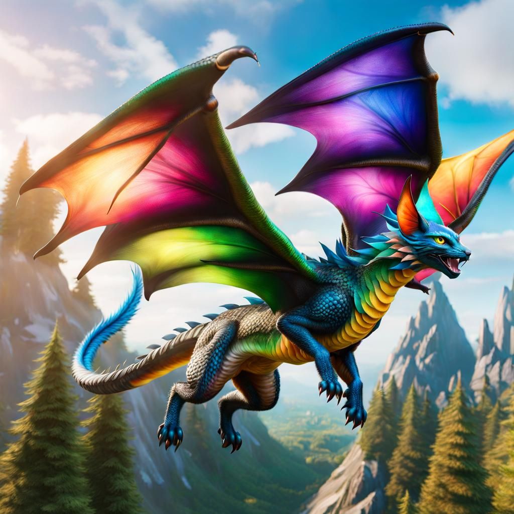 Hyperrealistic Multi-Colored Cat-Dragon Hybrid in Flight