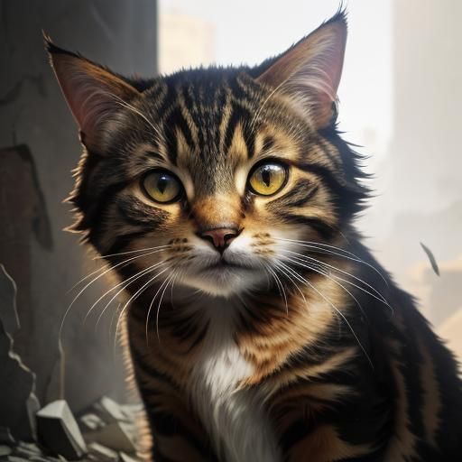 Hyperrealistic Tabby Cat Portrait with Cracked Wall