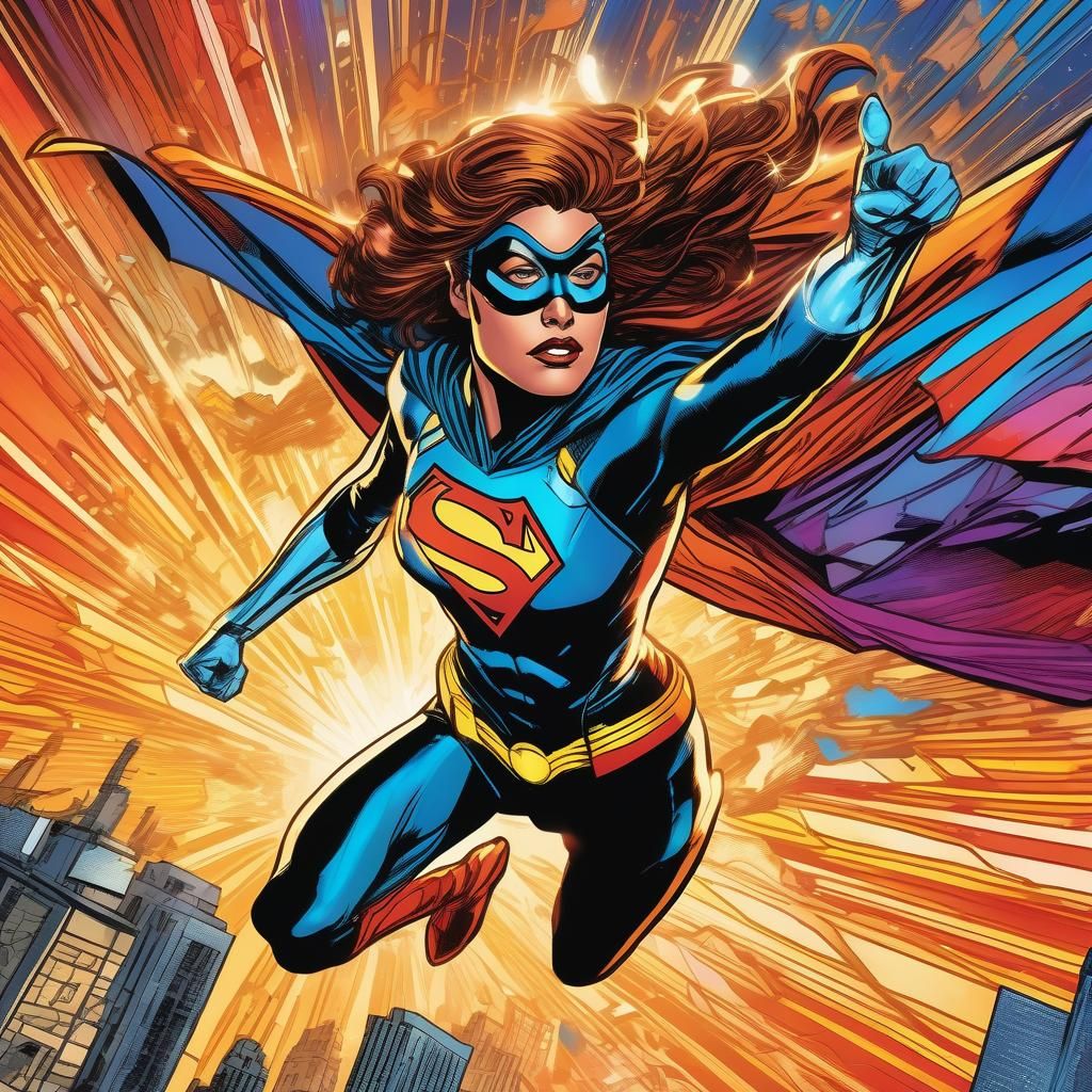 Dynamic Comic Book Superheroine in Flight