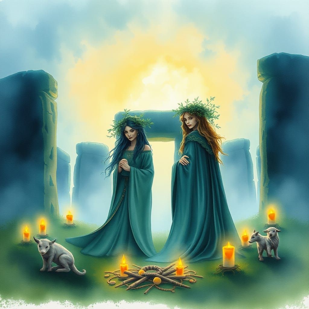 Celtic Gods Gather at Stonehenge in Watercolor Splash Art