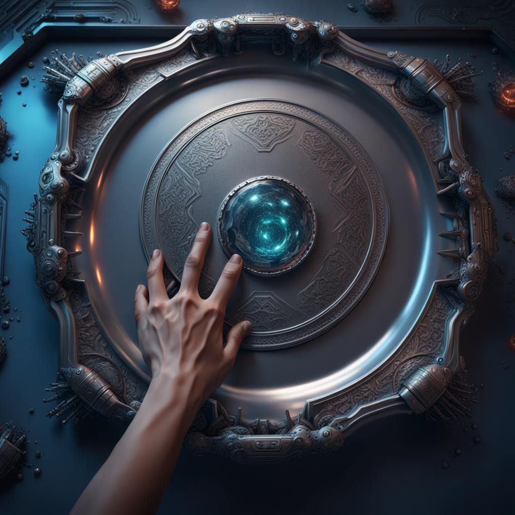 Cybernetic Hand Holding Silver Tray in Detailed Matte Painti...