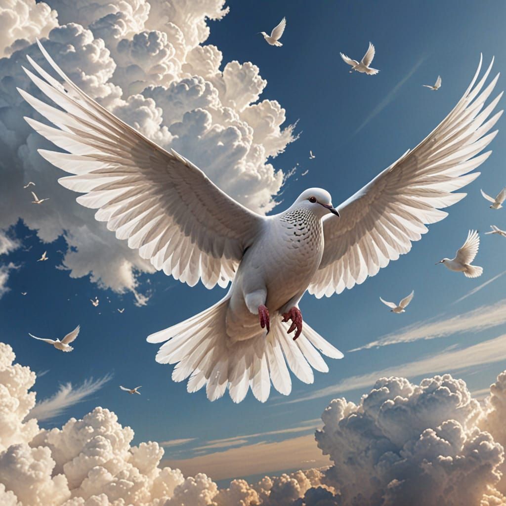 White Dove with Peace Symbol Flies Through Cloudy Sky