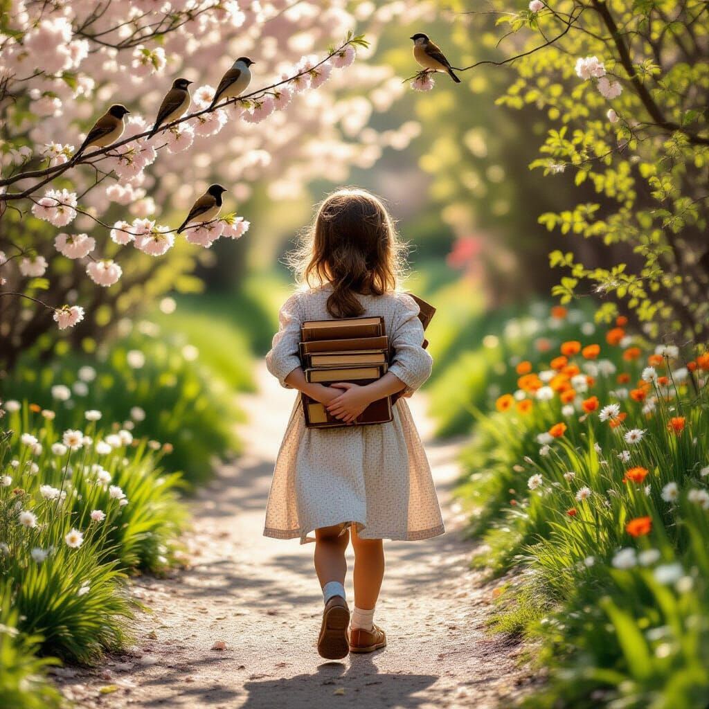Young Girl with Doll and Books in Blossom Lined Path