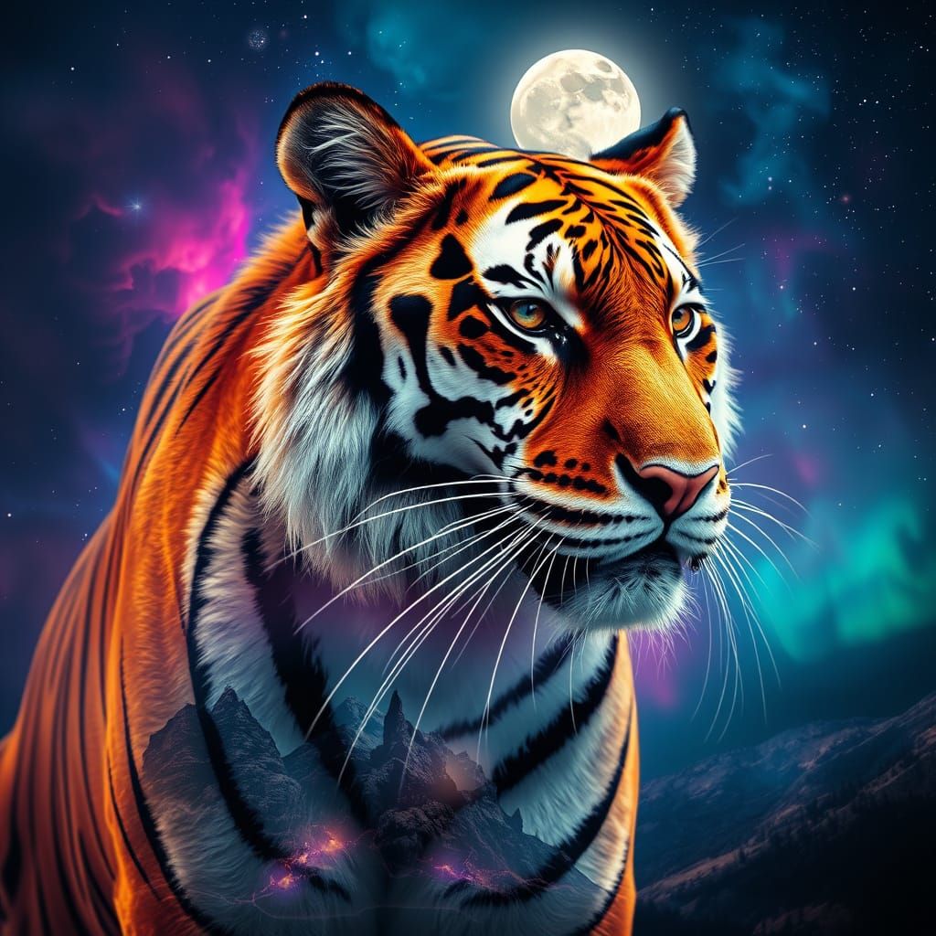 Tiger Double Exposure With Cosmic Landscape