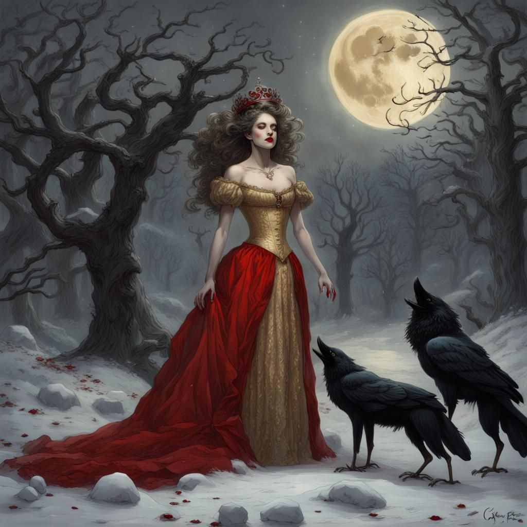 Gothic Woman in Gold Gown with Wolf and Crow