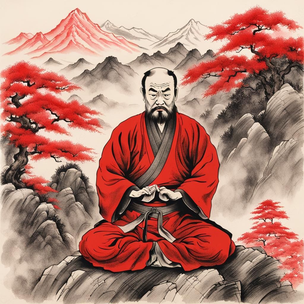 Martial Arts Master Meditating: Chinese Ink Drawing