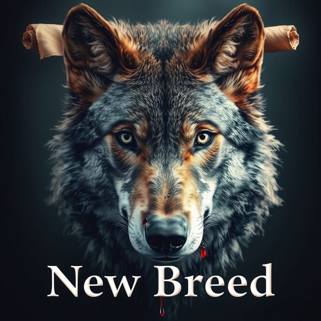 High-Contrast Wolf Portrait with Vintage Scroll