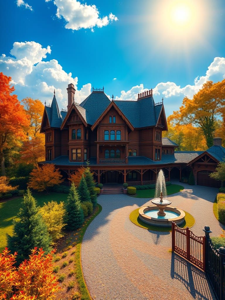 Ethereal Victorian Mansion Amidst Vibrant Autumn Trees