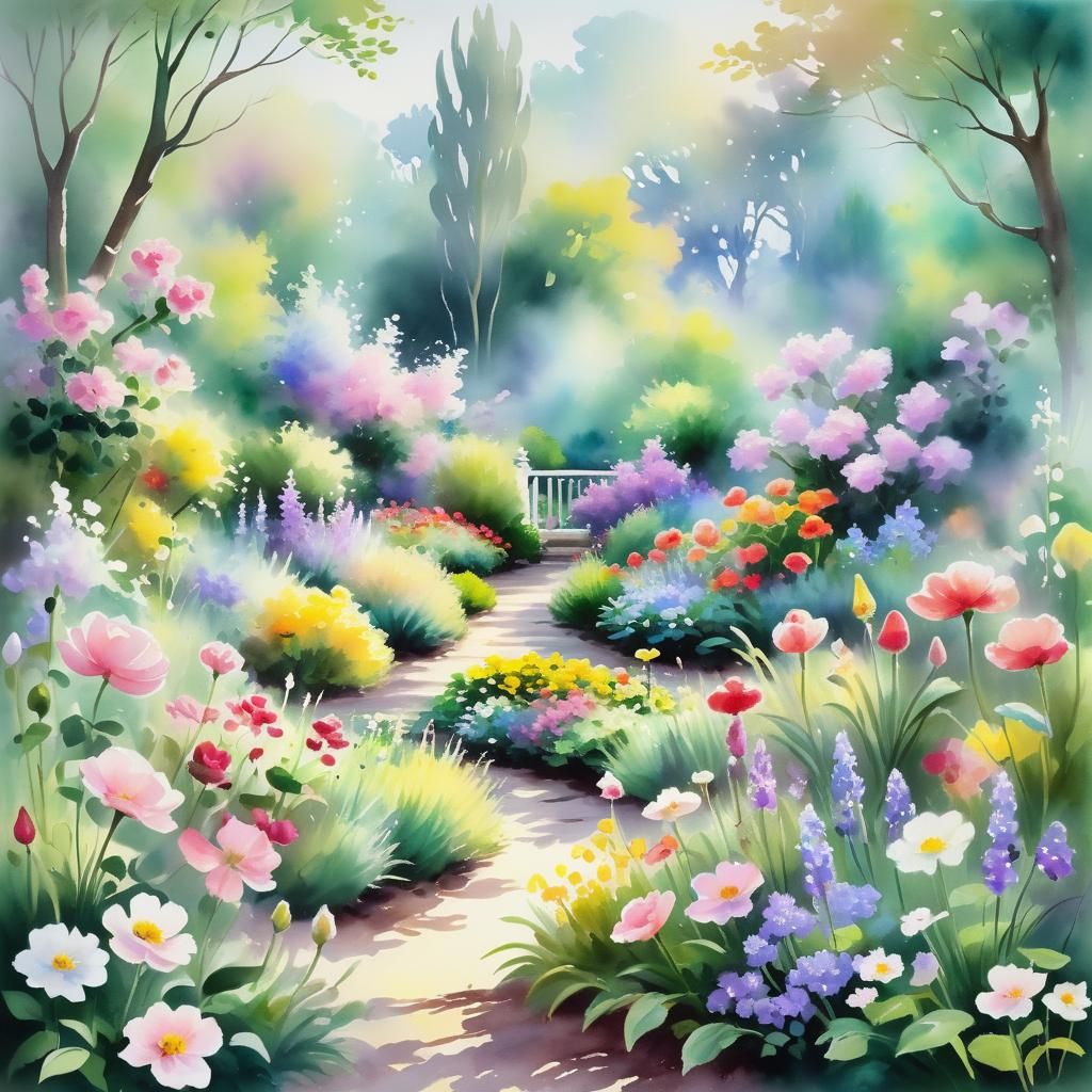 Watercolor Garden Scene in Impressionistic Style