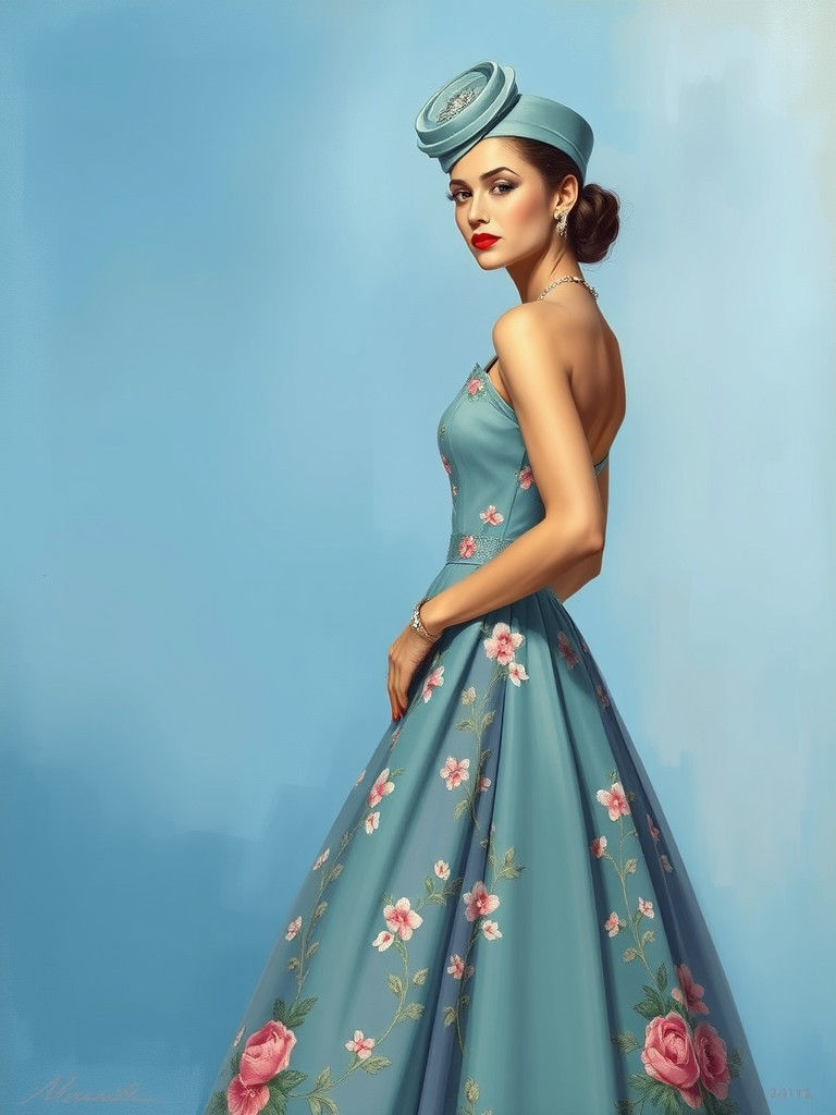Elegant Woman in 1950s Couture: Gouache Painting