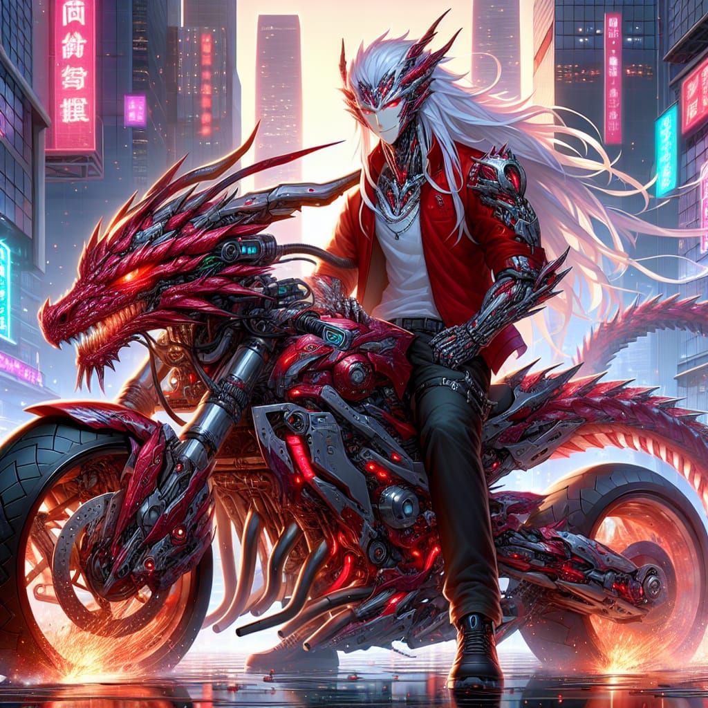 A badass cyberpunk mecha humanoid dragon man motorcycle with intresect armor, skinny man face, red scales on the motorcy...