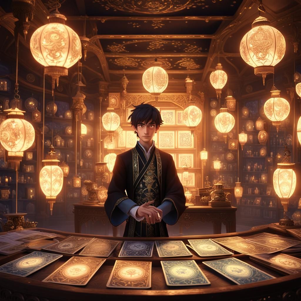 Tarot Card Magician in Mystical Fortune Telling Shop