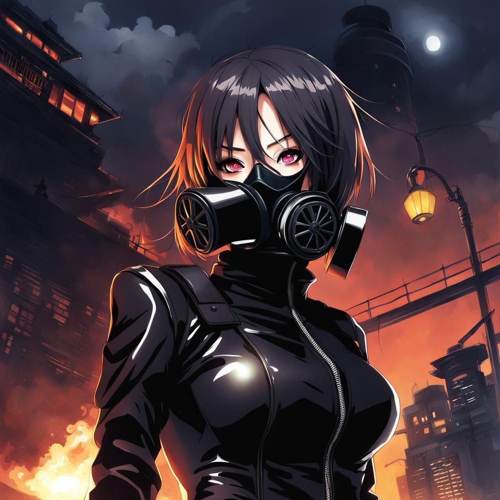 Woman in Leather Catsuit and Gas Mask, Anime Style