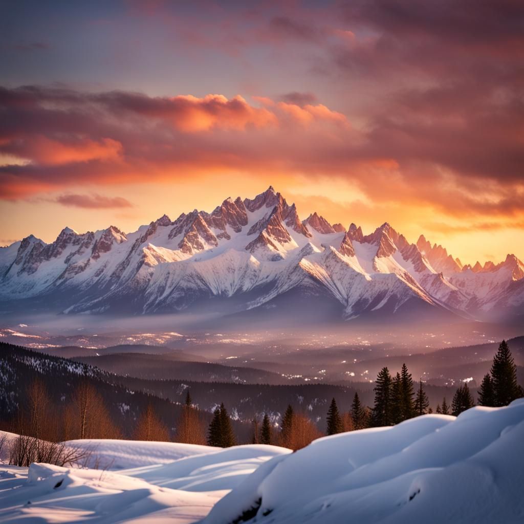 Snowy Mountain Range at Sunset in Natural Lighting