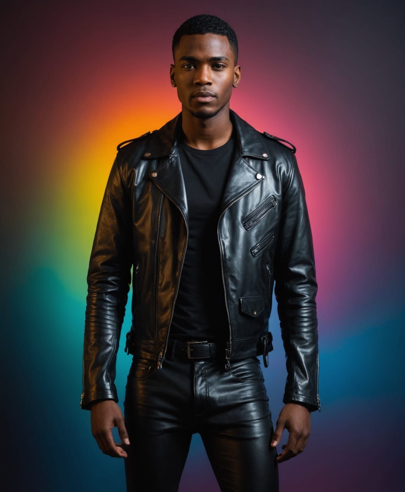 Handsome Man in Black Leather Jacket with Dramatic Lighting
