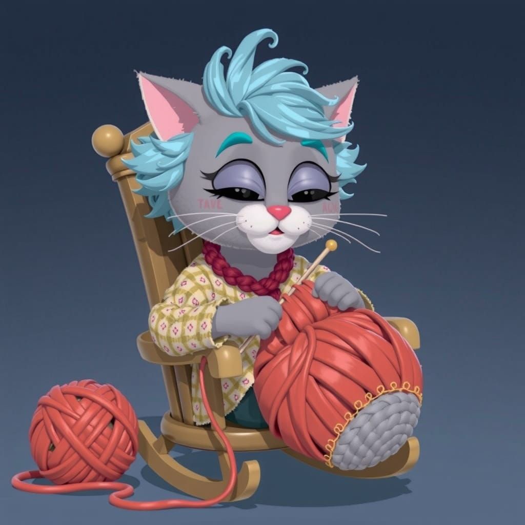 Cartoon Cat Grandma Knits in Rocking Chair