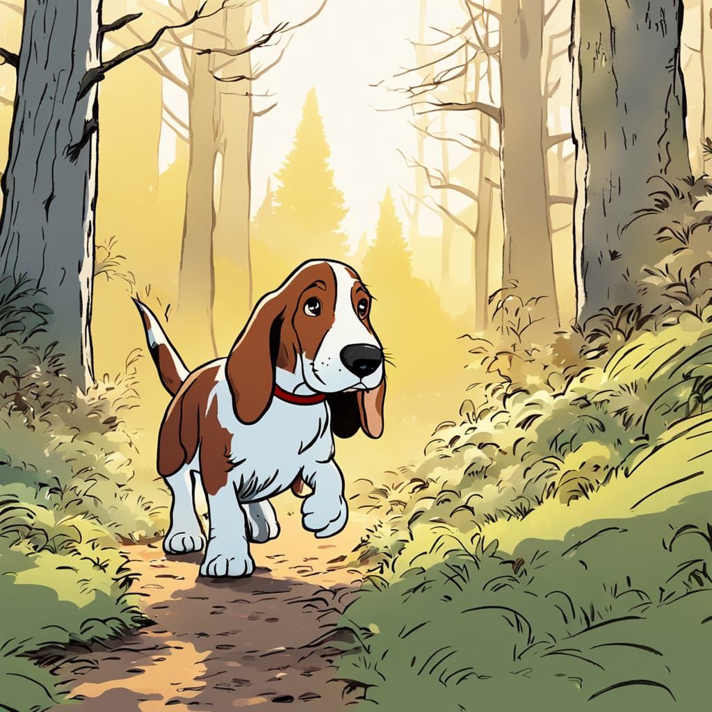 Basset Hound Puppy Follows Scent in Whimsical Cartoon Style