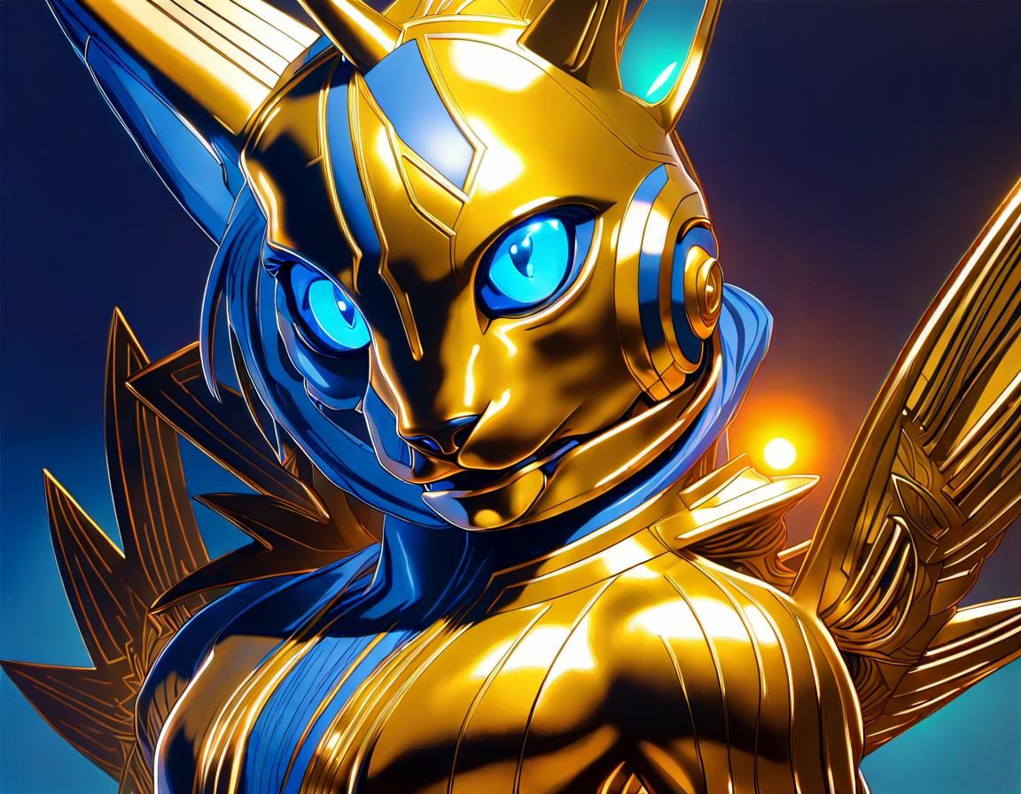 Anthropomorphic Renamon as Art Nouveau Cyberpunk Statue of L...