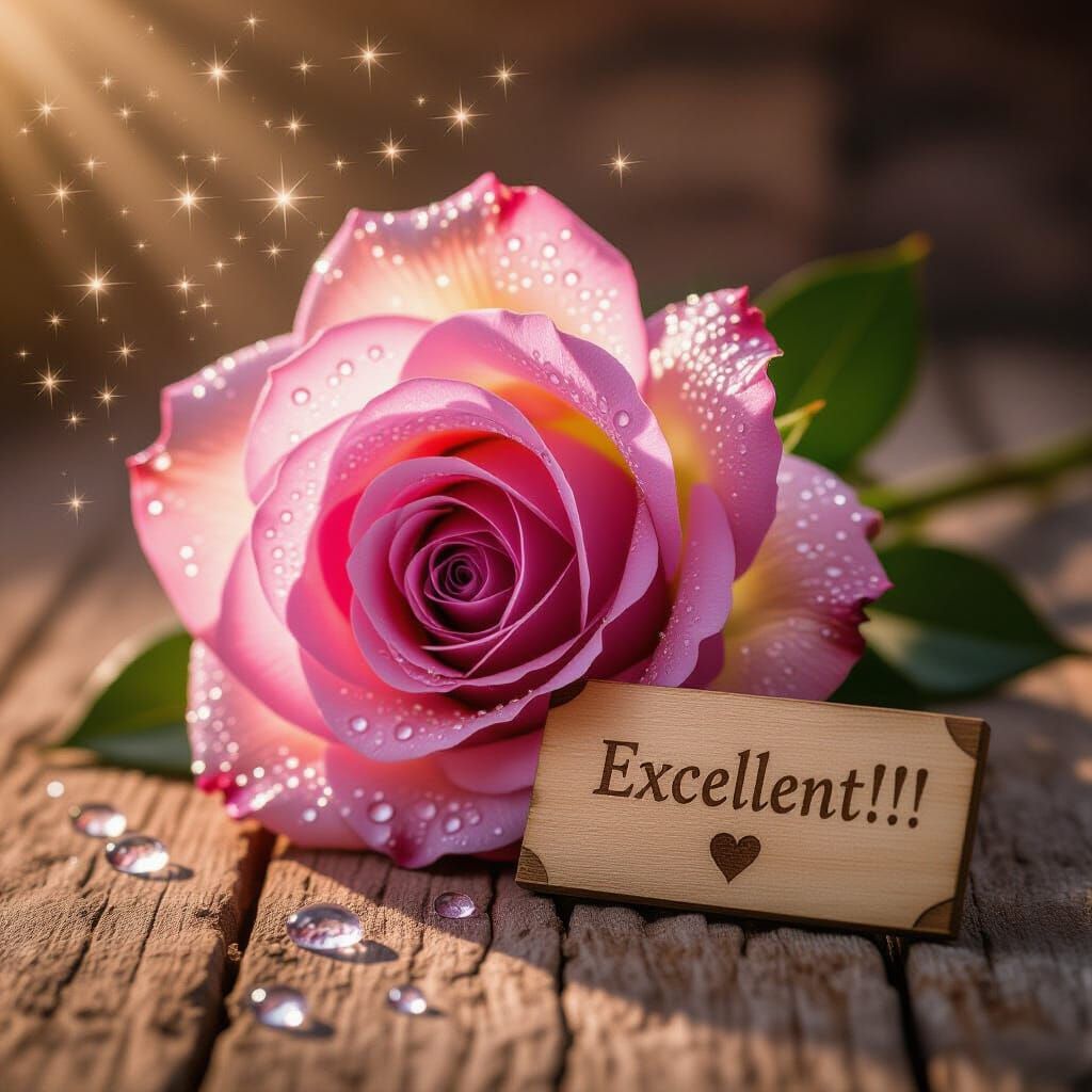 Vintage Rose Photograph with Dewdrops and Heart Symbol