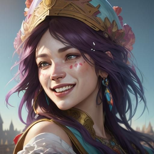 Laughing Woman Portrait in Hyperdetailed Art Nouveau Style