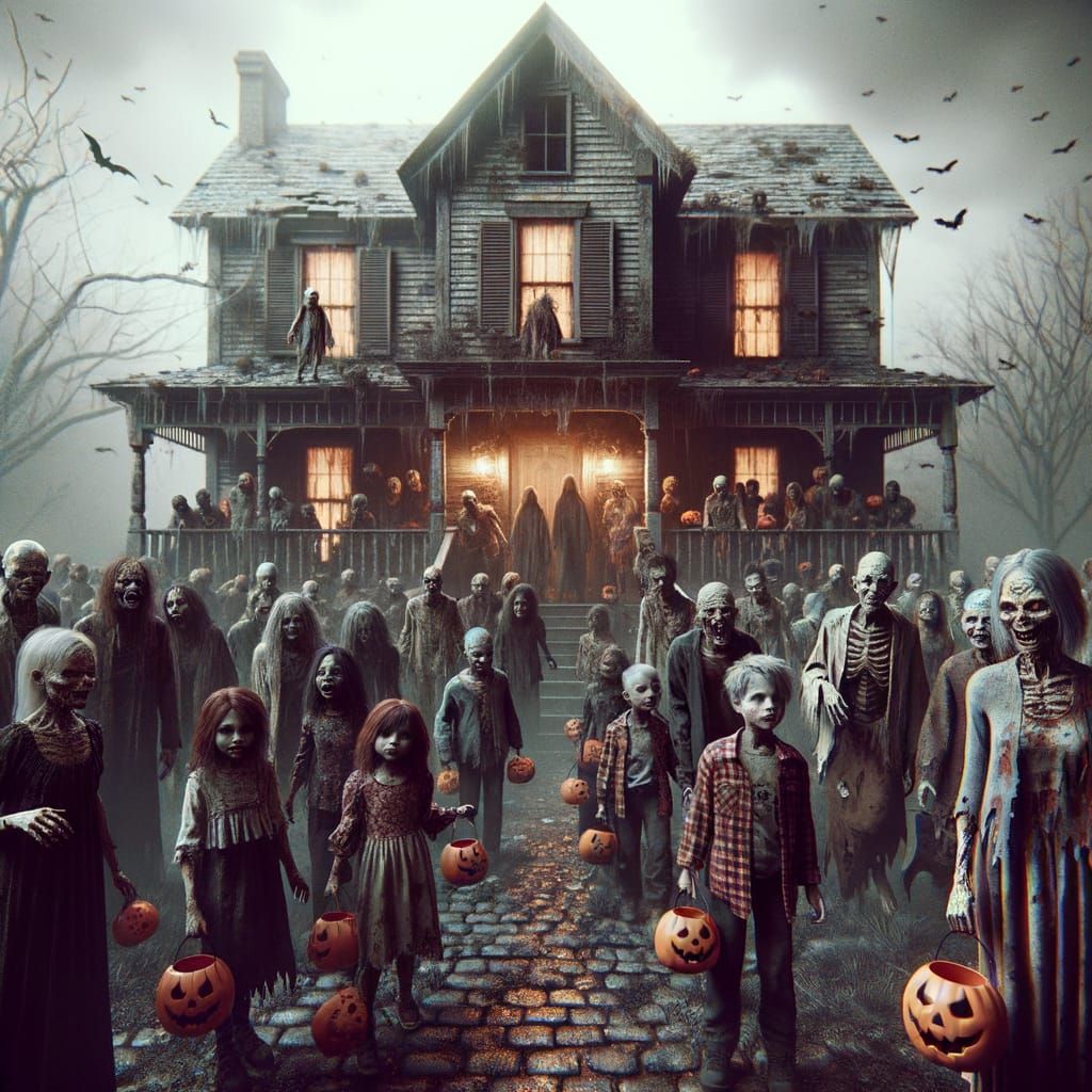 Haunting House with Zombies and Trick-or-Treating Children
