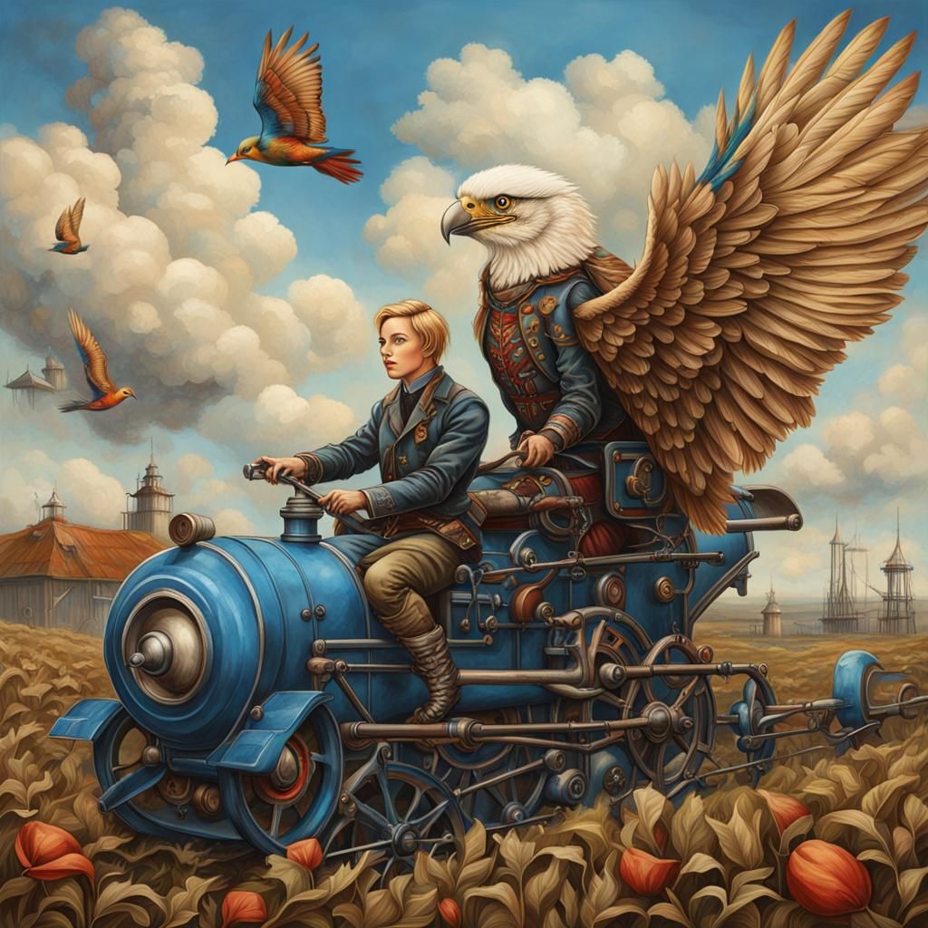 Blond Toddlers Flying Bird Kites in Steampunk Field