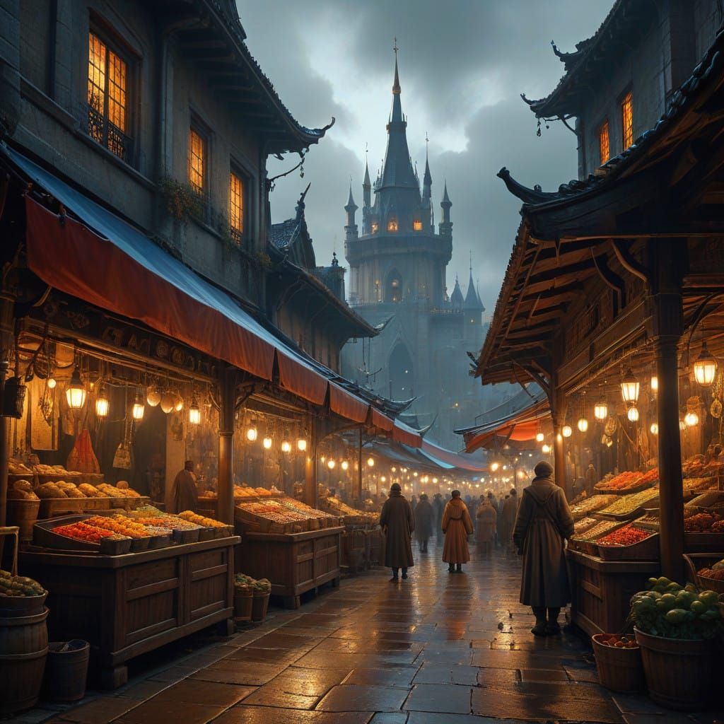 Vibrant Fantasy Market Scene in Cinematic Style