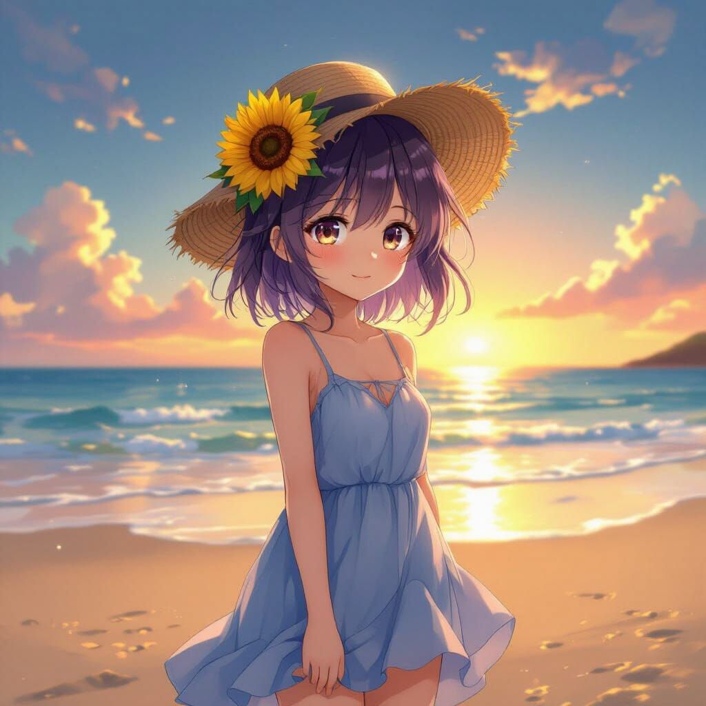 Anime Girl on Beach with Sunflower in Lavender Hair