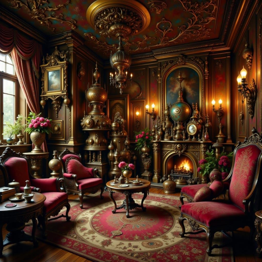 Victorian Steampunk Sitting Room with Gears and Brass