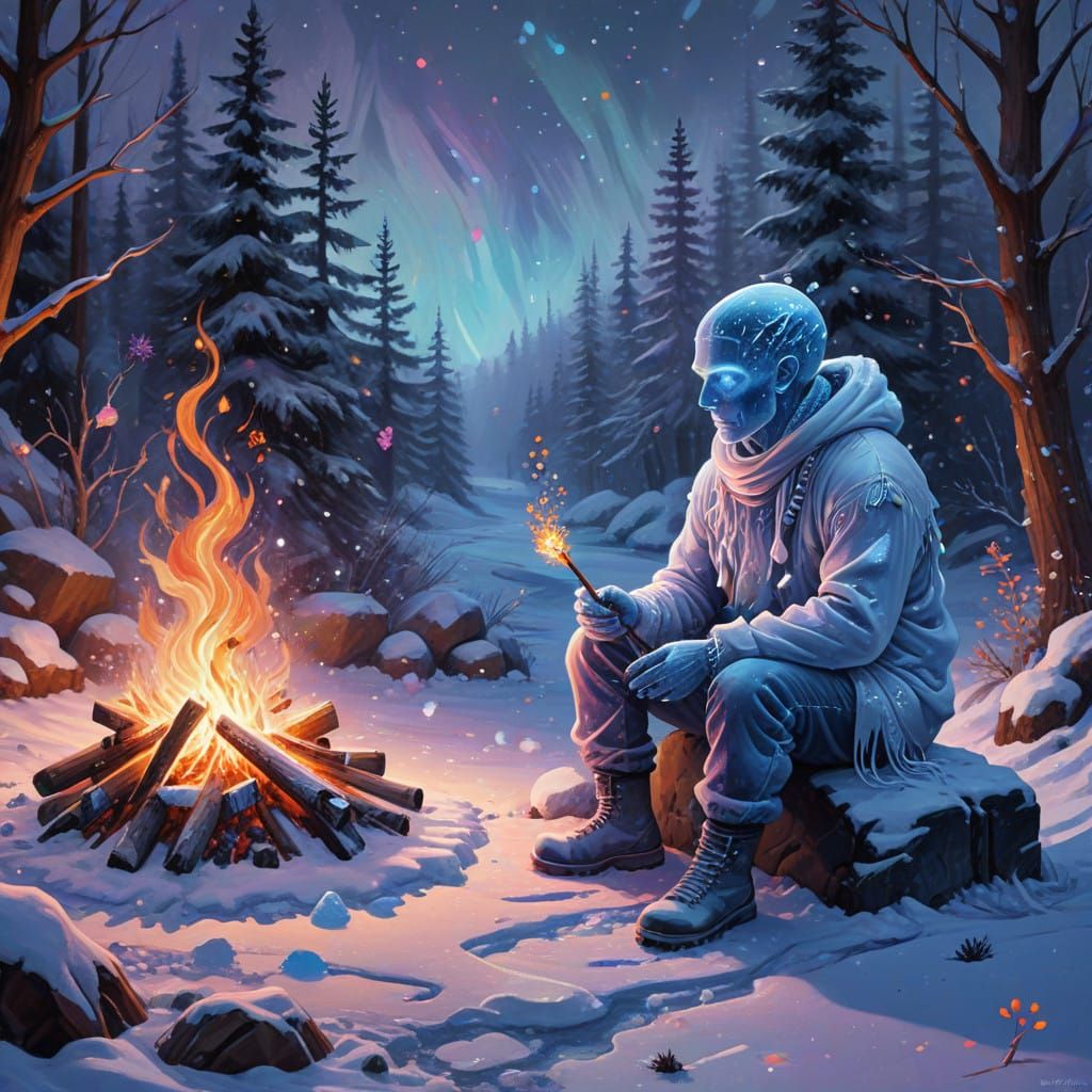 Surreal Dreamlike Scene of Melting Ice-Man amidst a Cozy Cam...