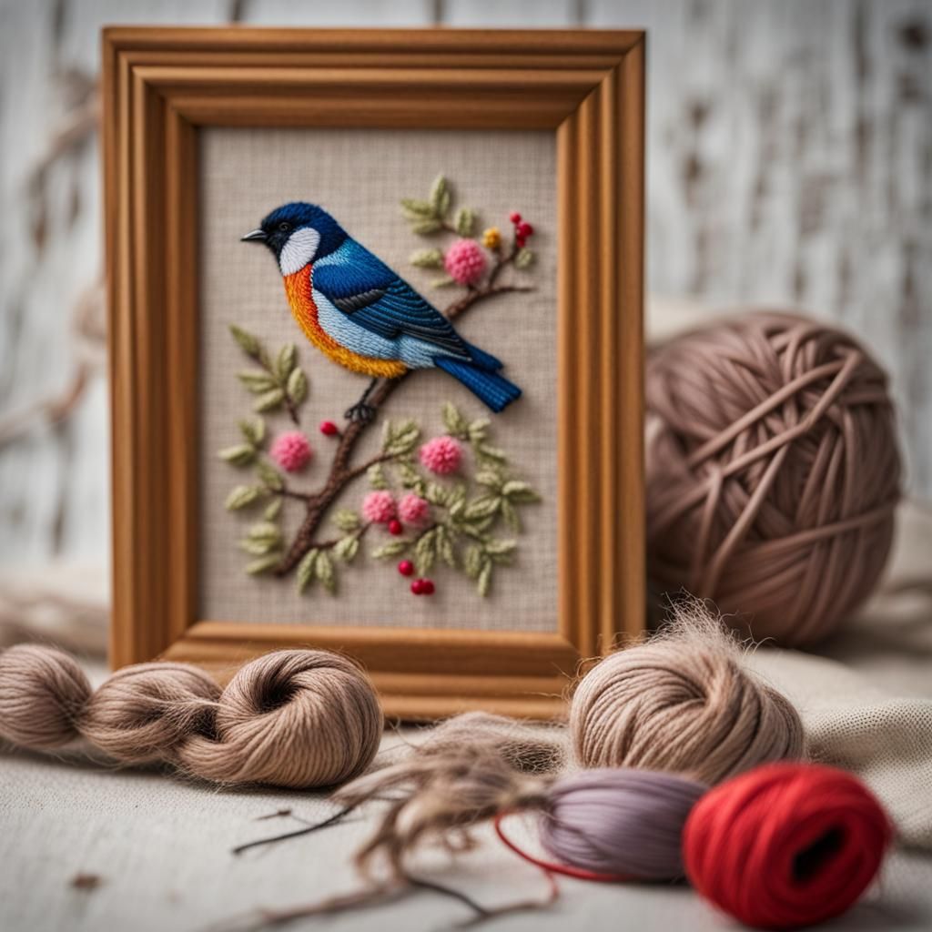 3D Embroidery Birds on Linen, Sharp Focus