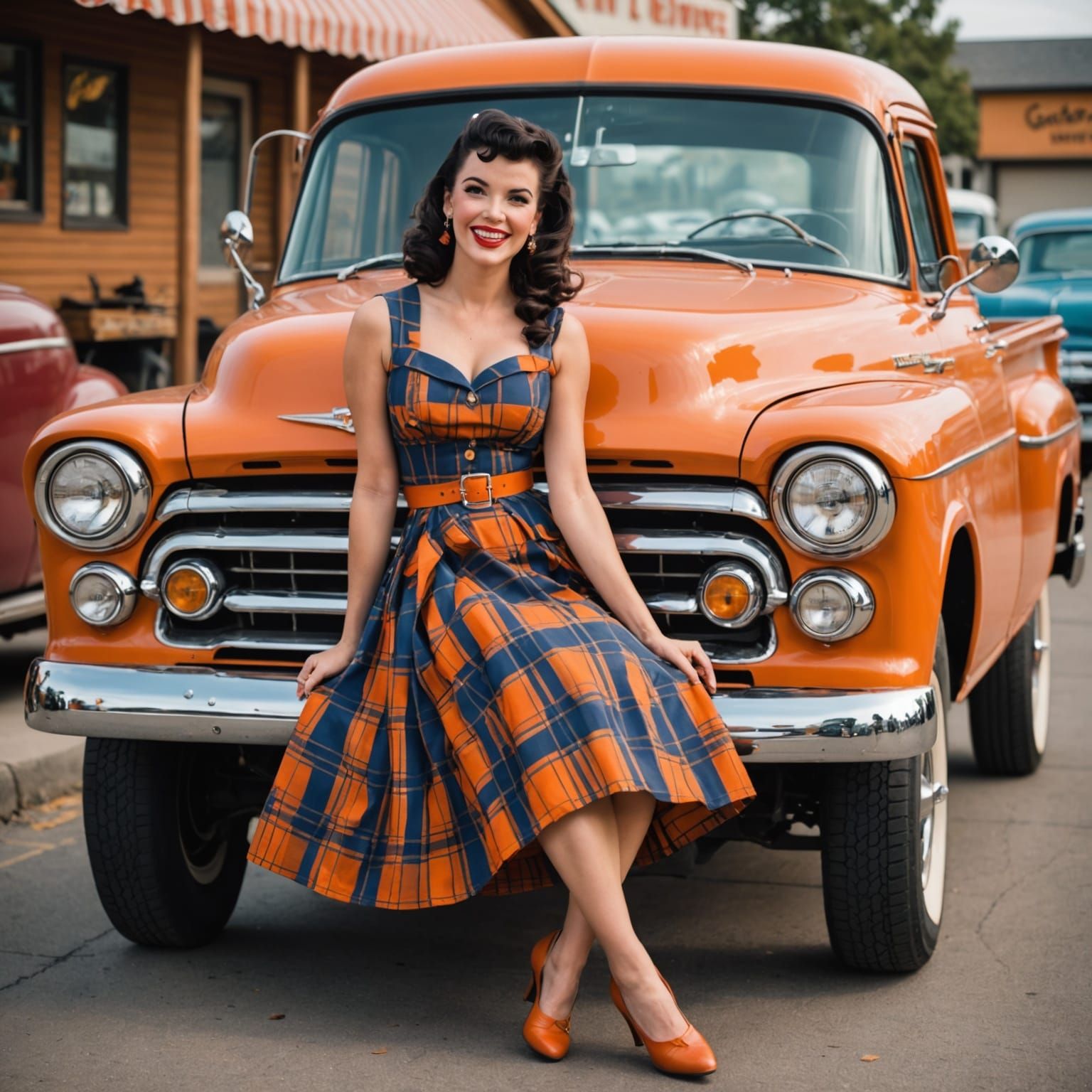 Pinup Model Poses with 1950s Truck in Vintage Ad Style