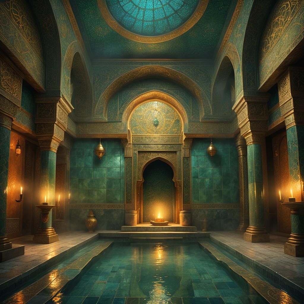 Candlelit Turkish Hamam Interior in Fantasy Concept Art