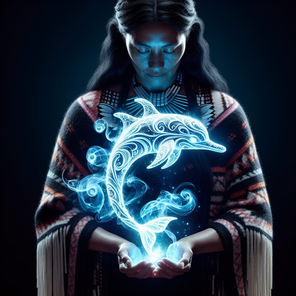 Luminescent Dolphin Patronus Held by Maori Woman
